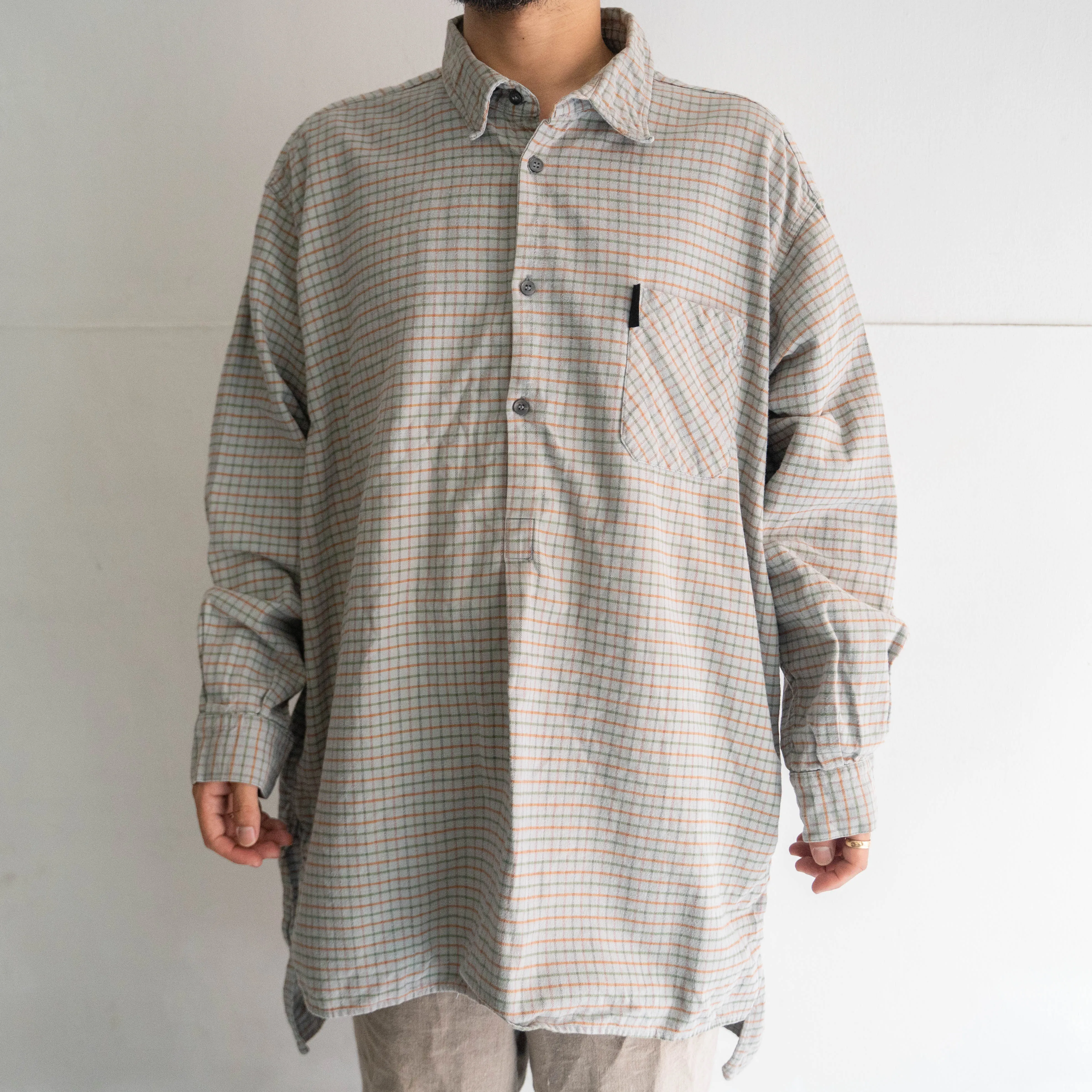 1970-80s mint green base block check grandpa shirt