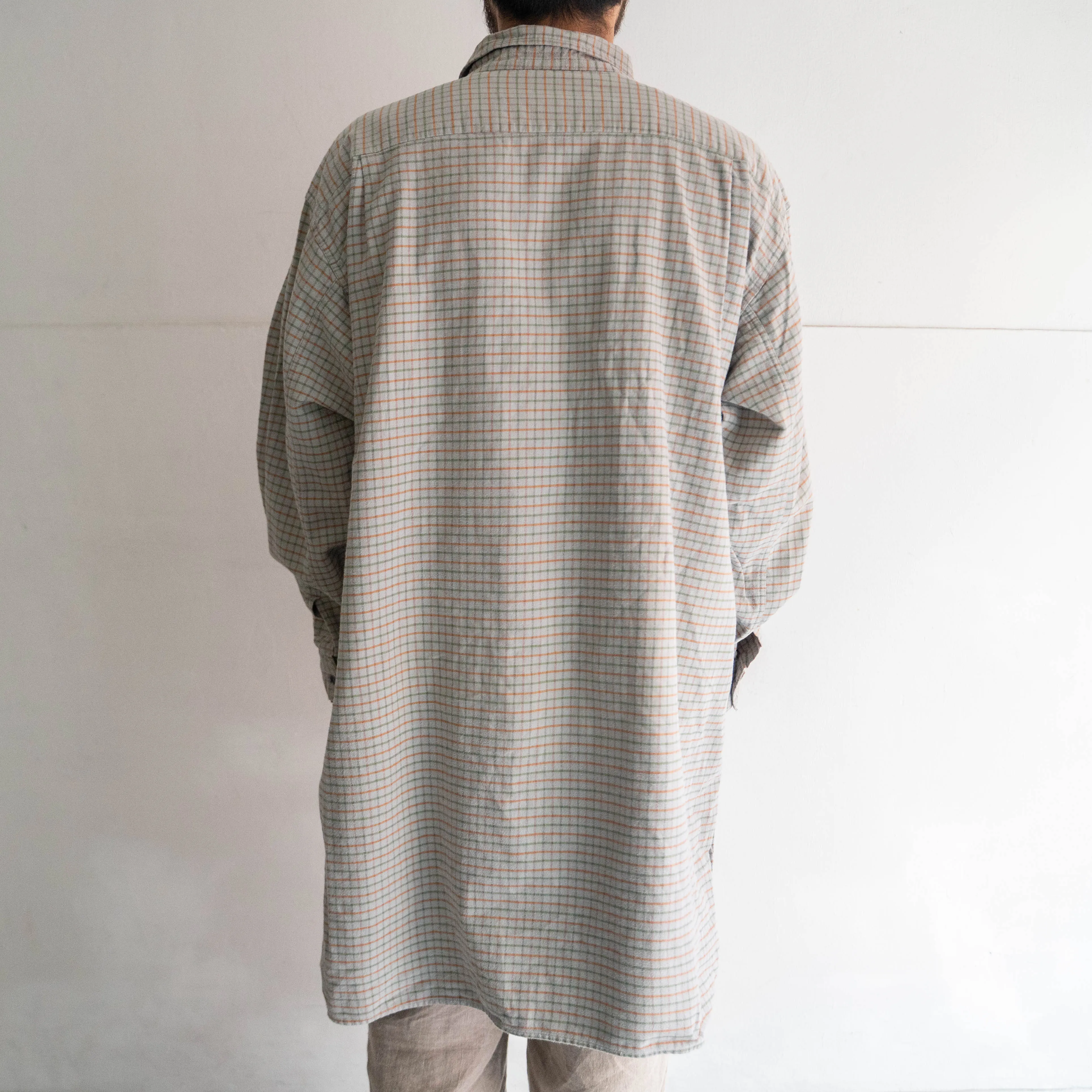 1970-80s mint green base block check grandpa shirt