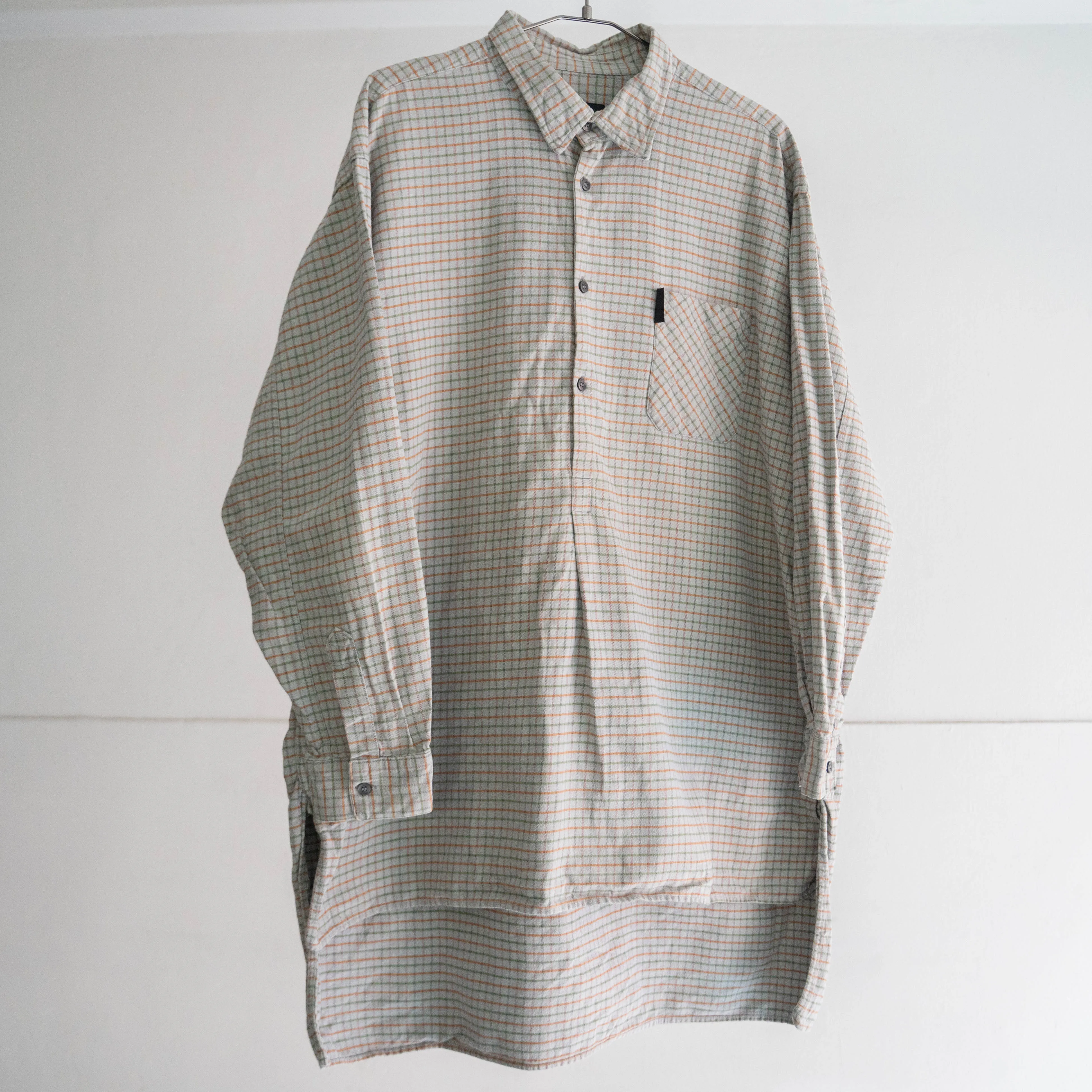 1970-80s mint green base block check grandpa shirt