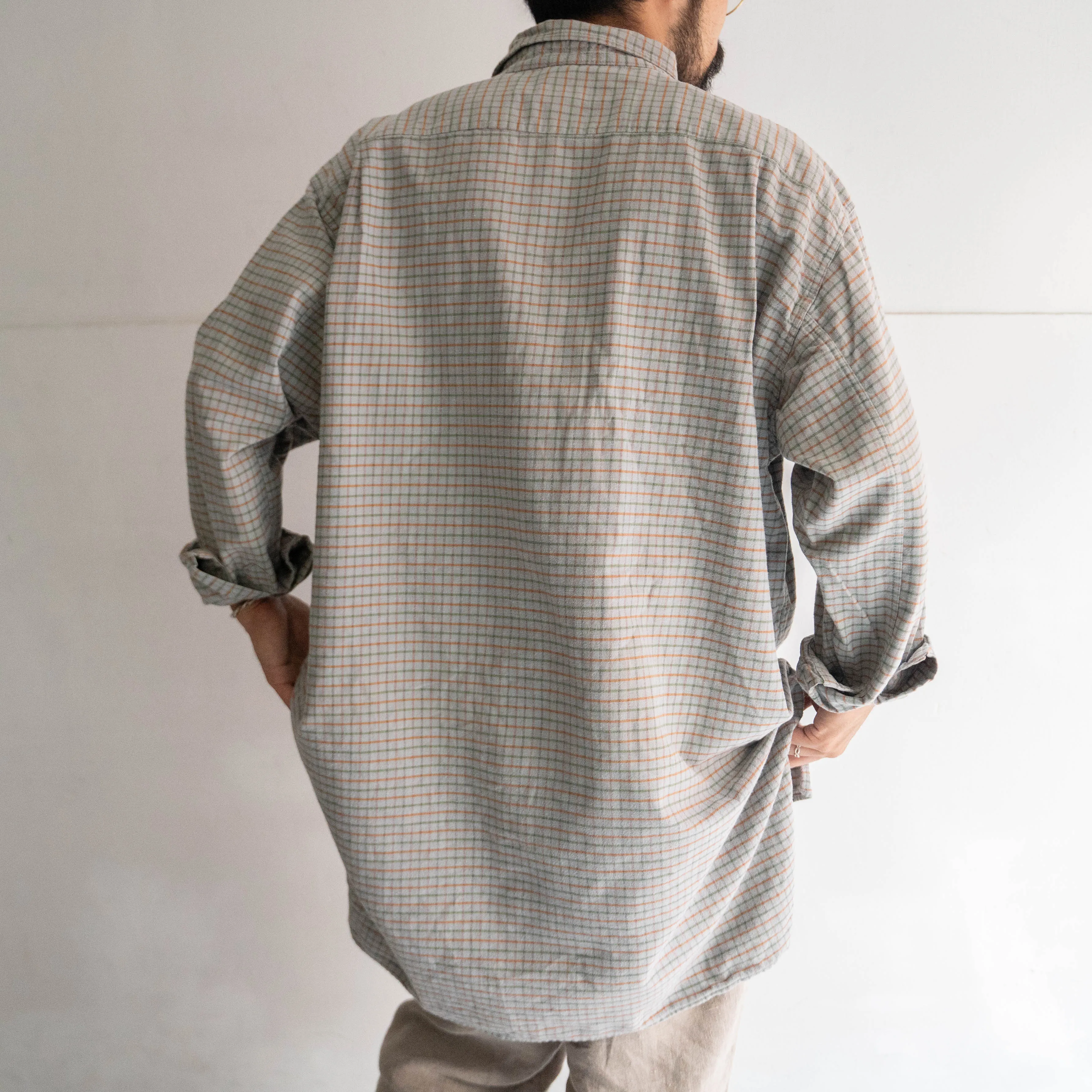 1970-80s mint green base block check grandpa shirt