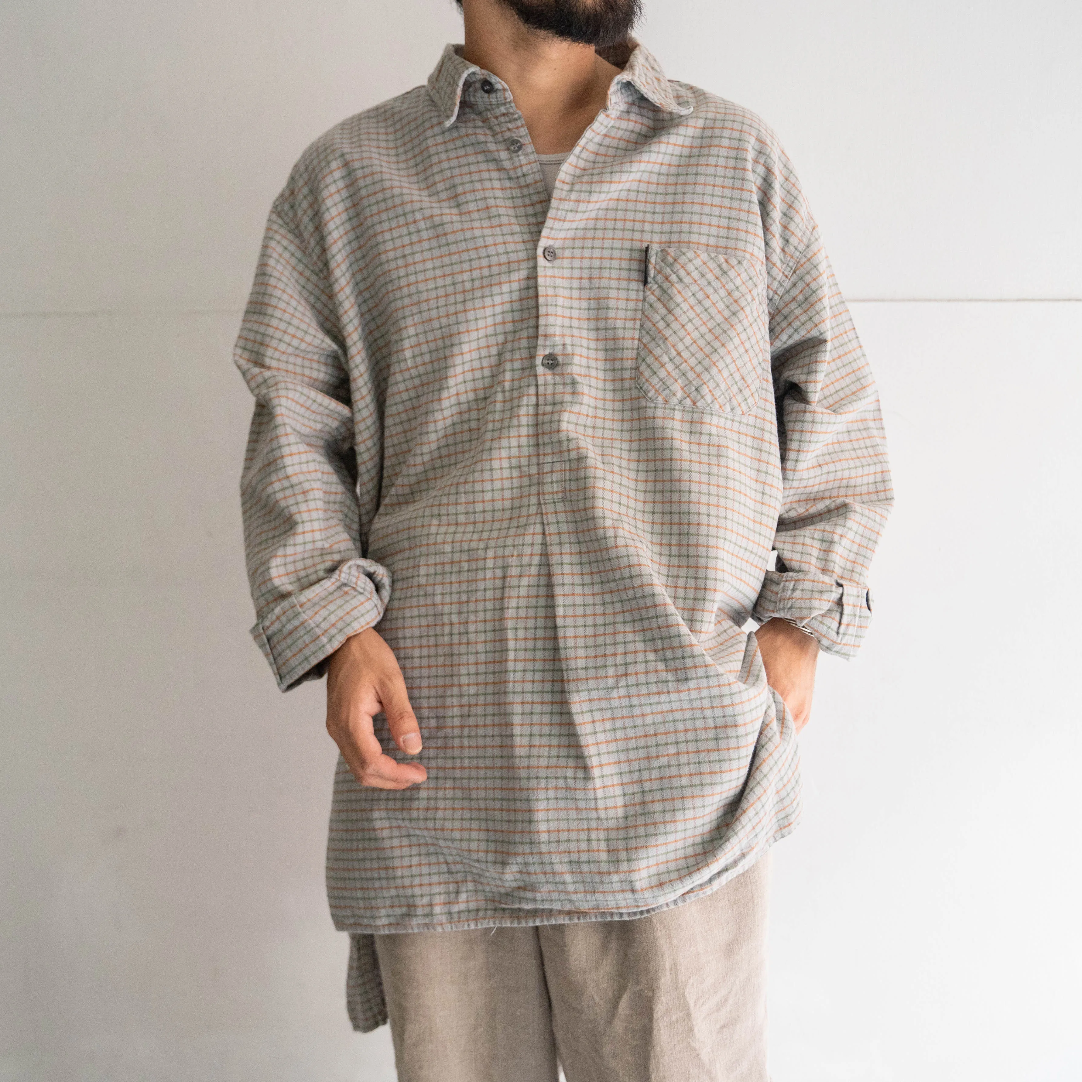 1970-80s mint green base block check grandpa shirt