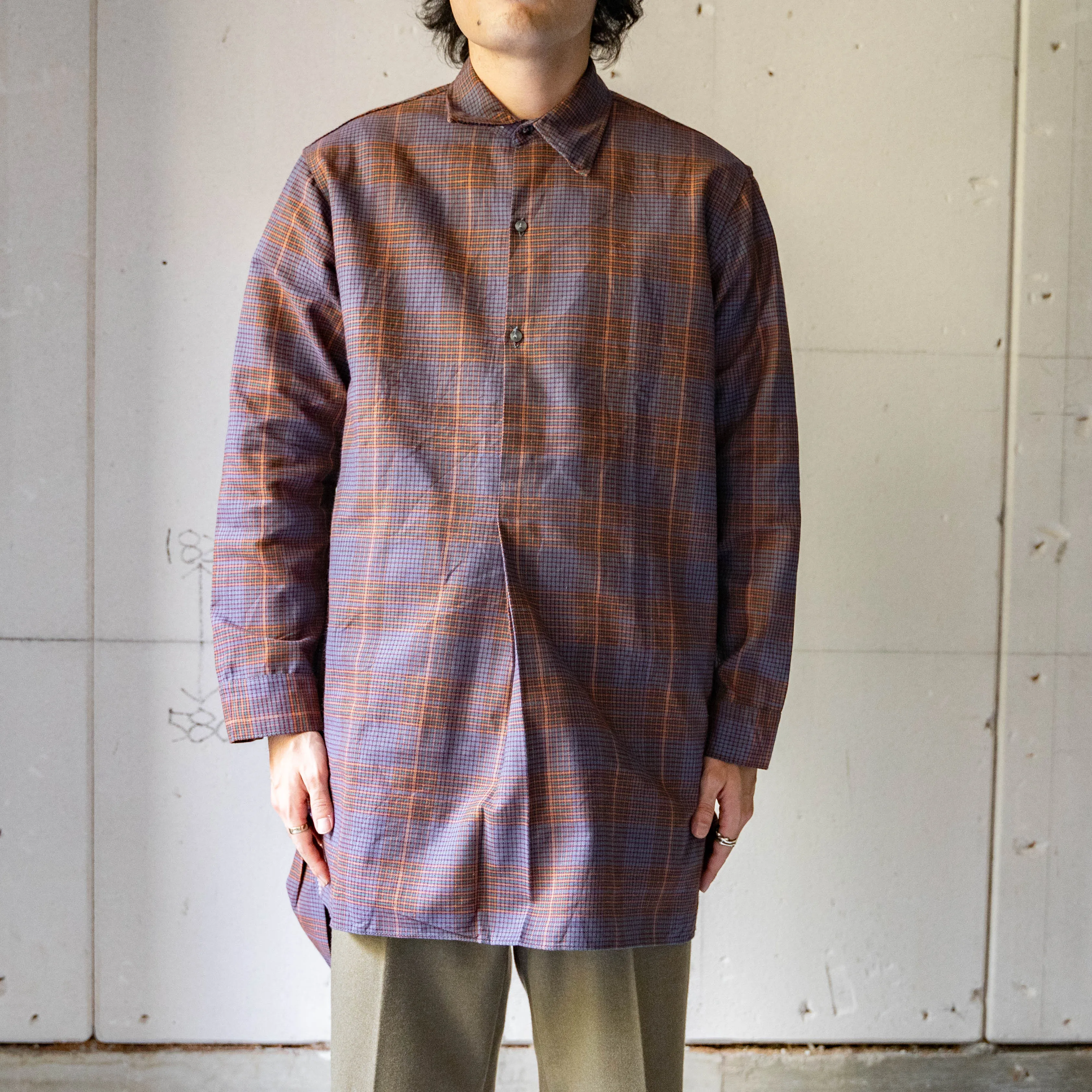 1970-80s purple base check grandpa shirt 'deadstock'