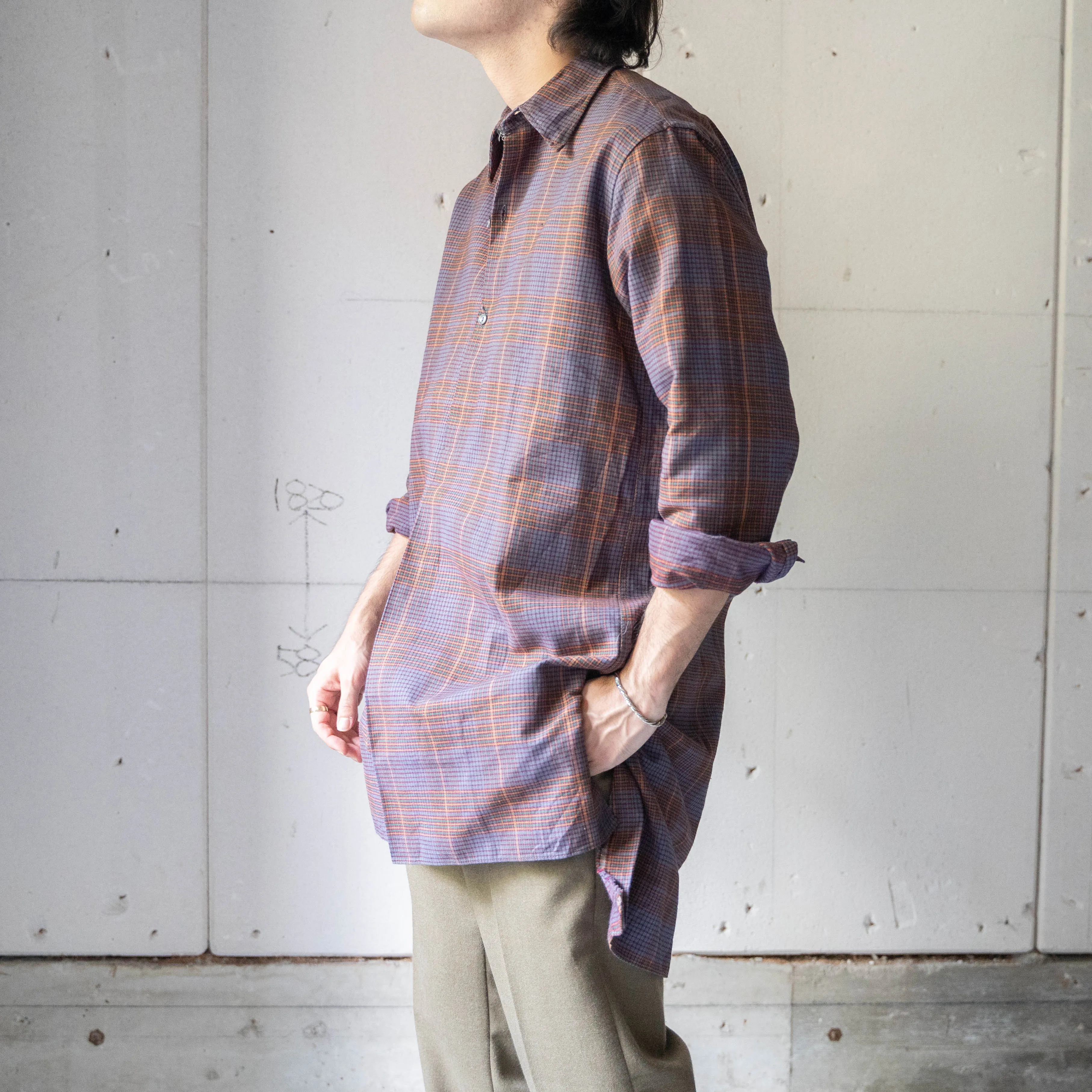 1970-80s purple base check grandpa shirt 'deadstock'