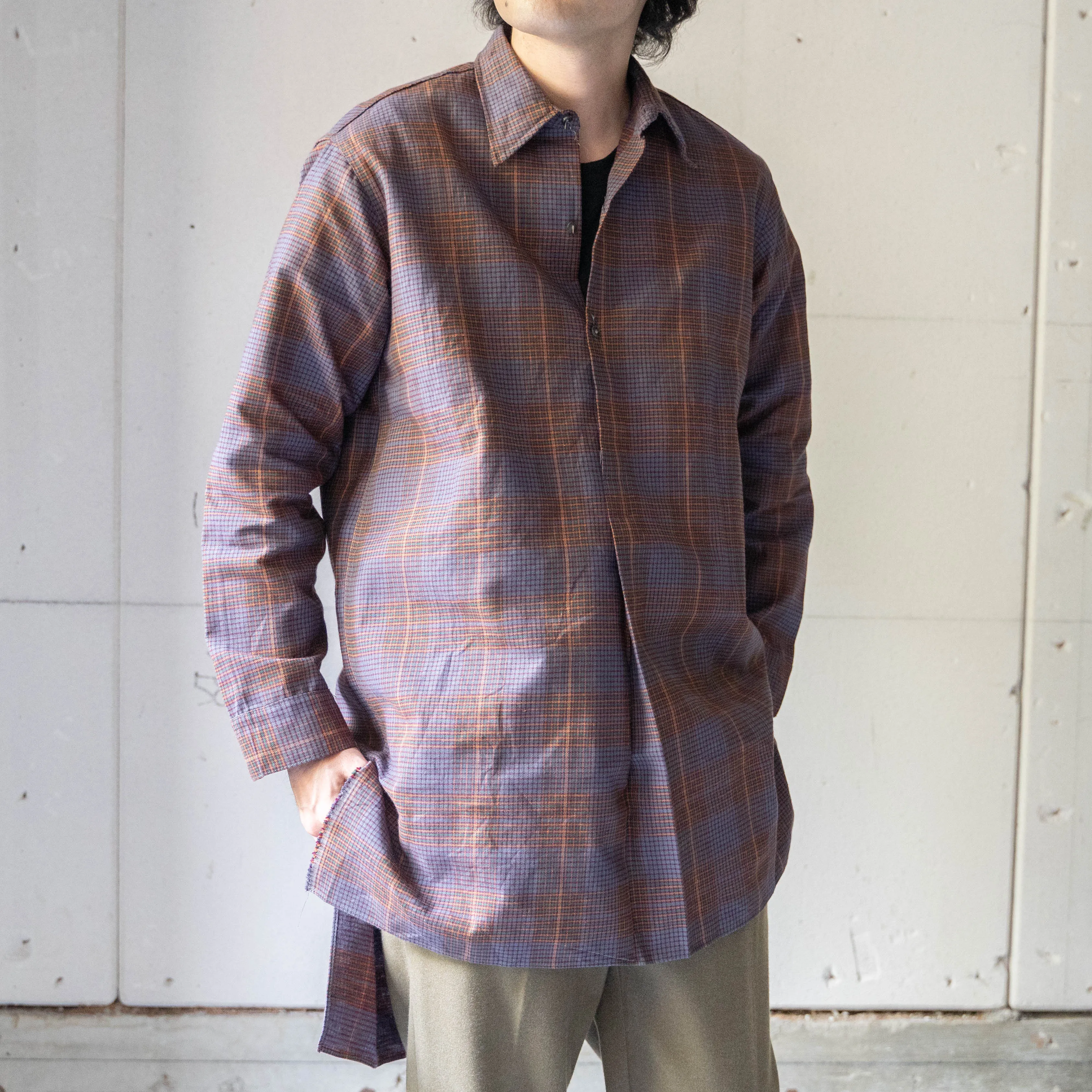 1970-80s purple base check grandpa shirt 'deadstock'