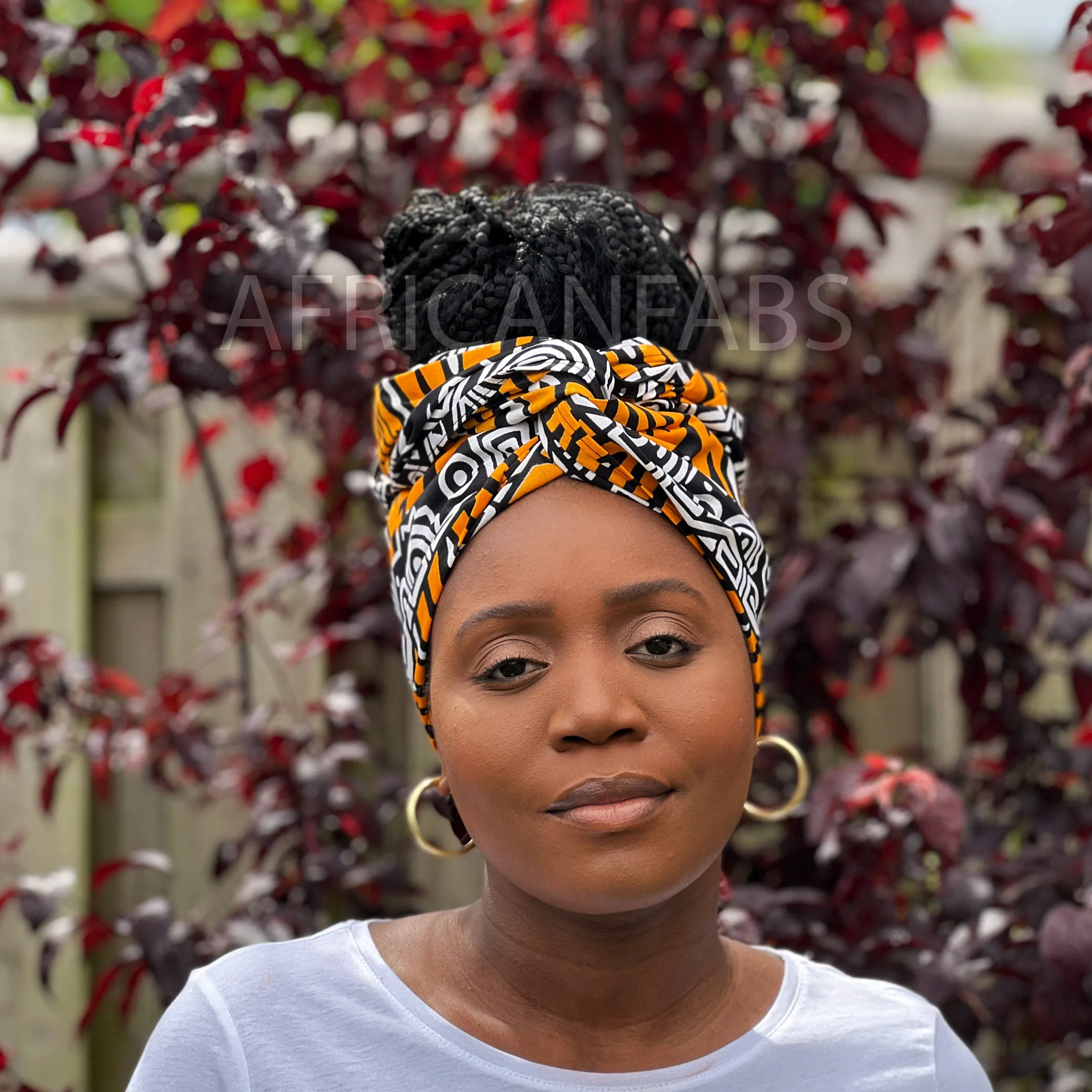 African Black / orange bogolan / mud cloth headwrap