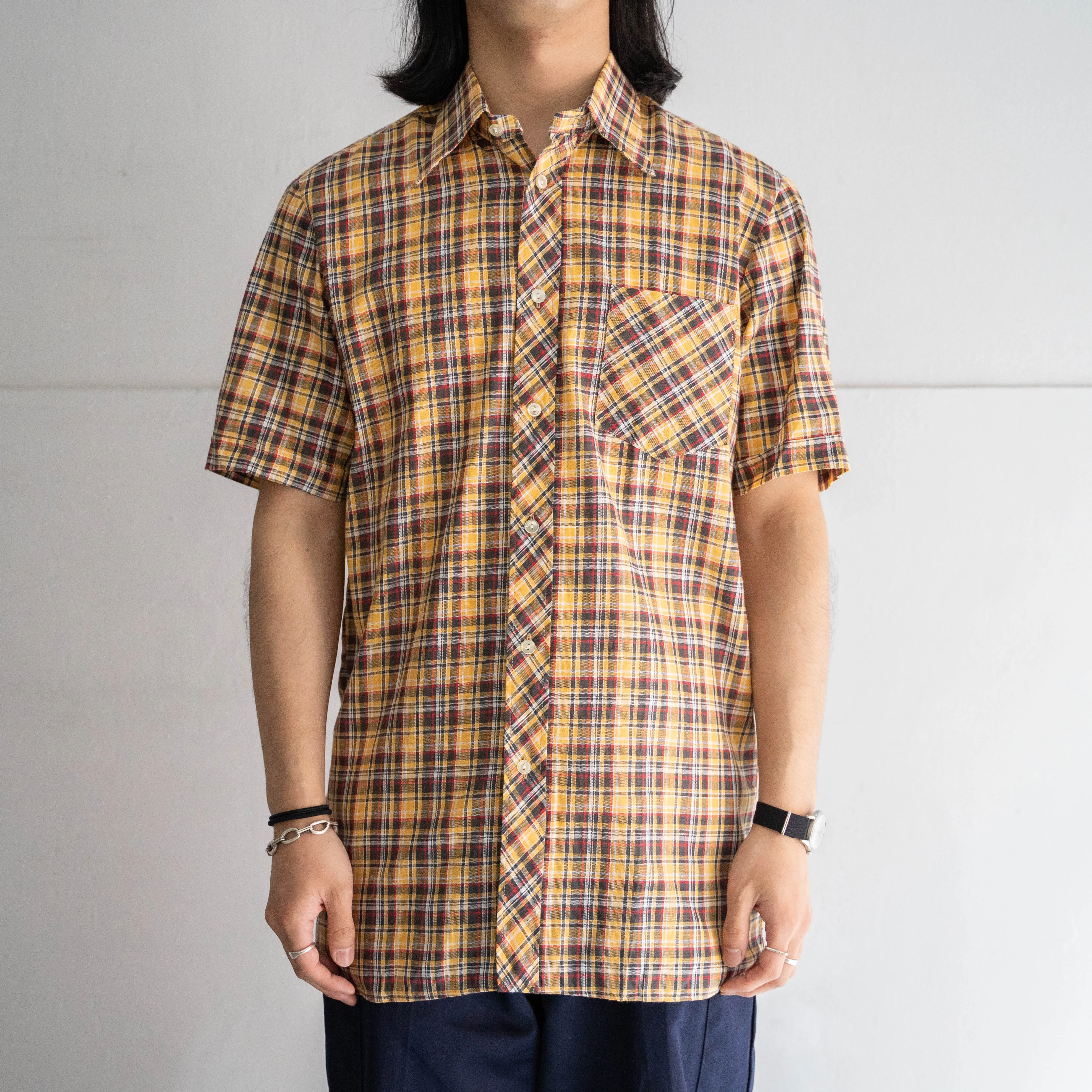 around 1960s Germany yellow × black checked short sleeve shirt 'dead stock'