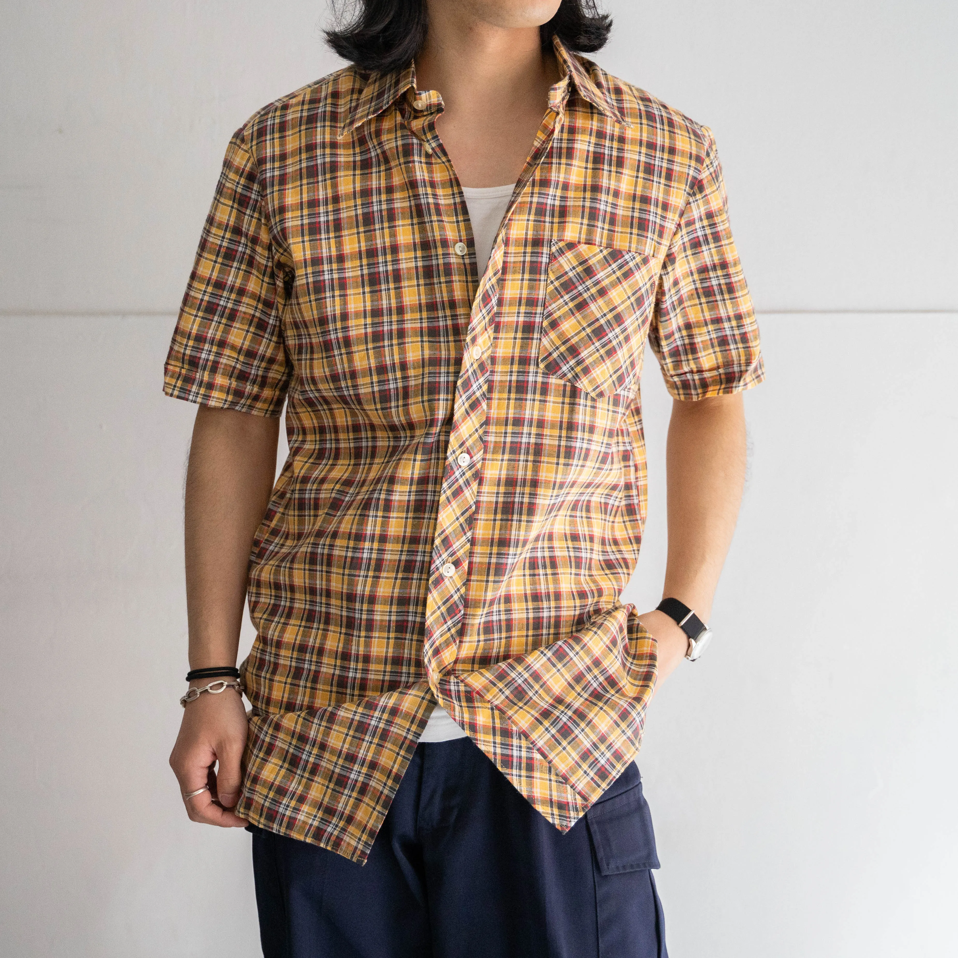 around 1960s Germany yellow × black checked short sleeve shirt 'dead stock'