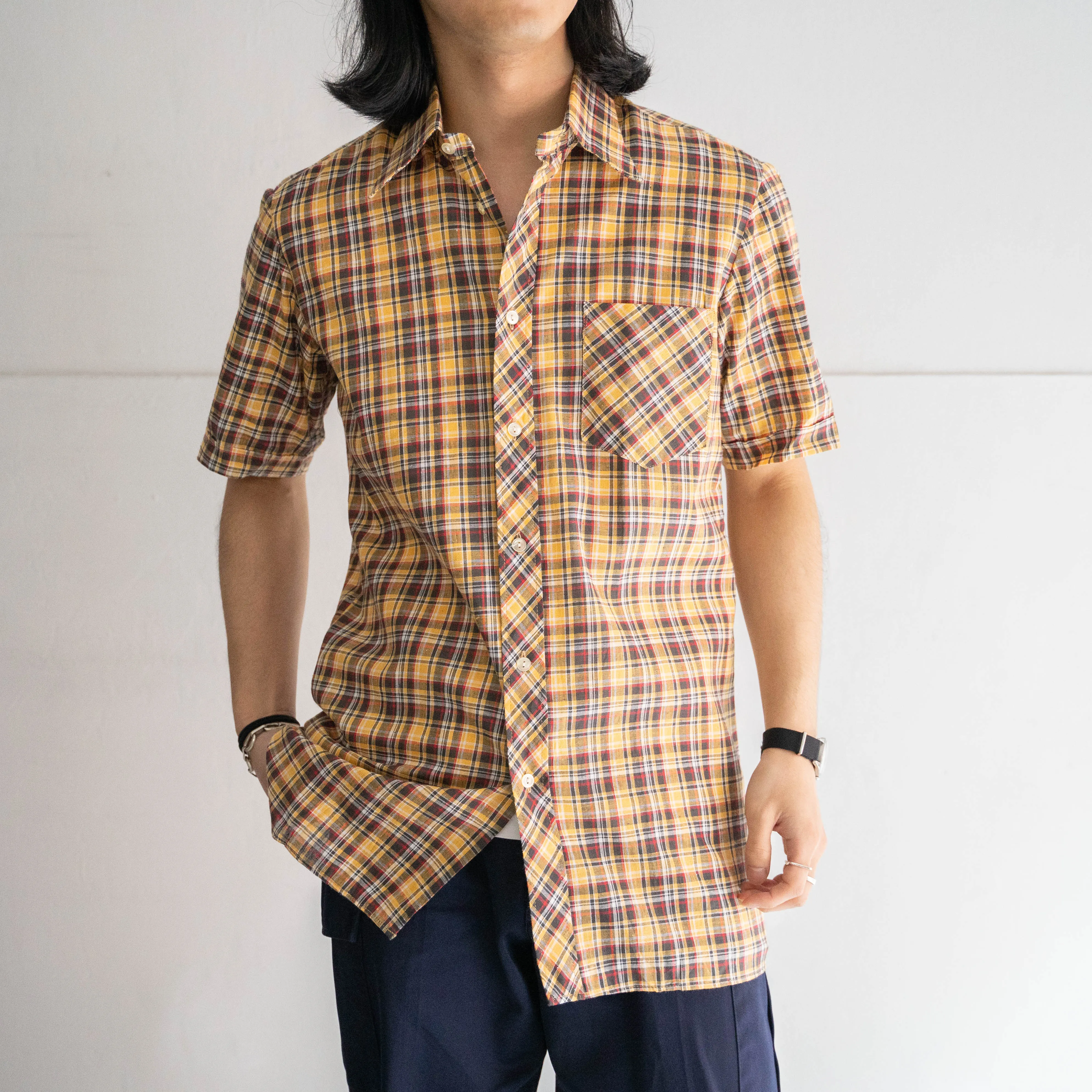 around 1960s Germany yellow × black checked short sleeve shirt 'dead stock'