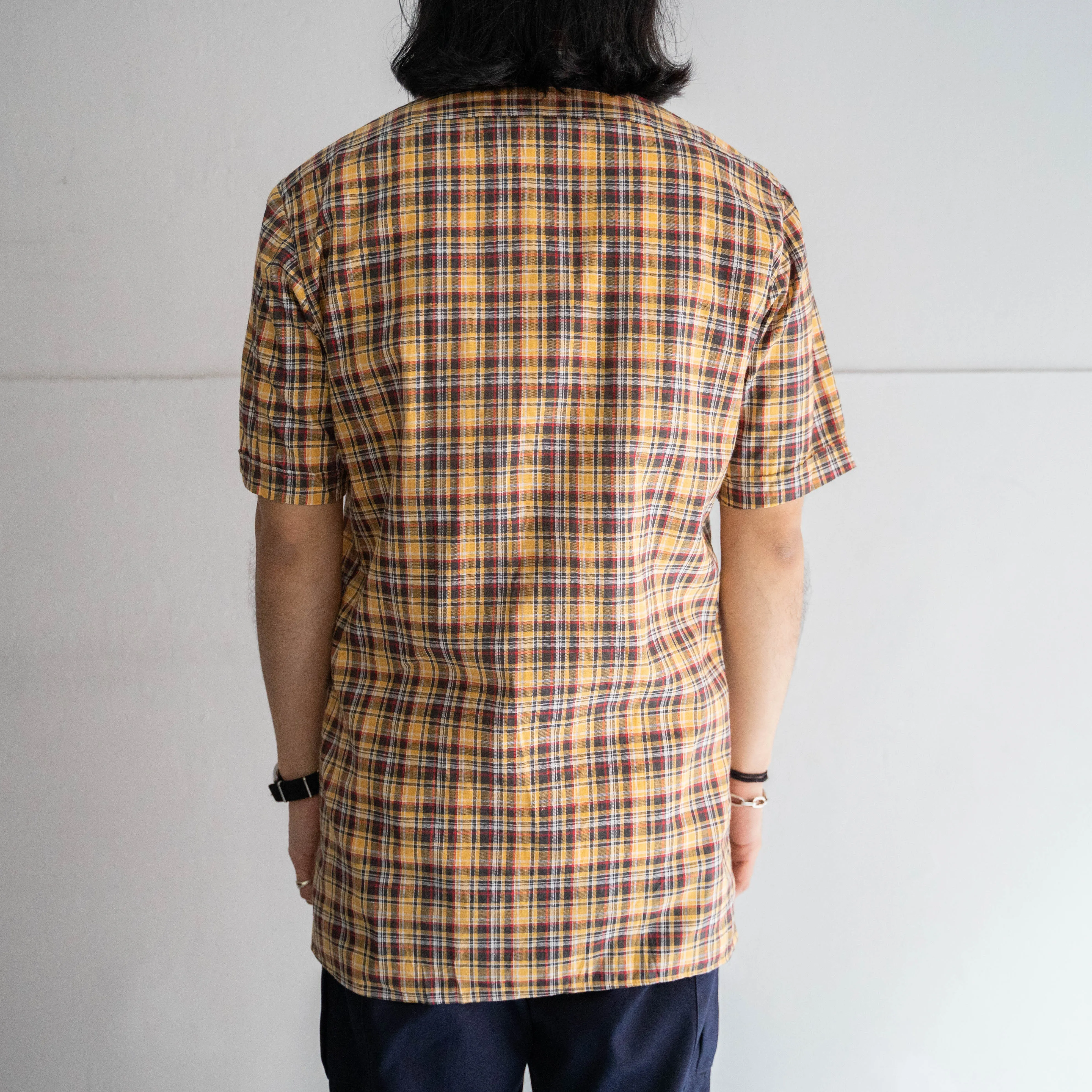 around 1960s Germany yellow × black checked short sleeve shirt 'dead stock'