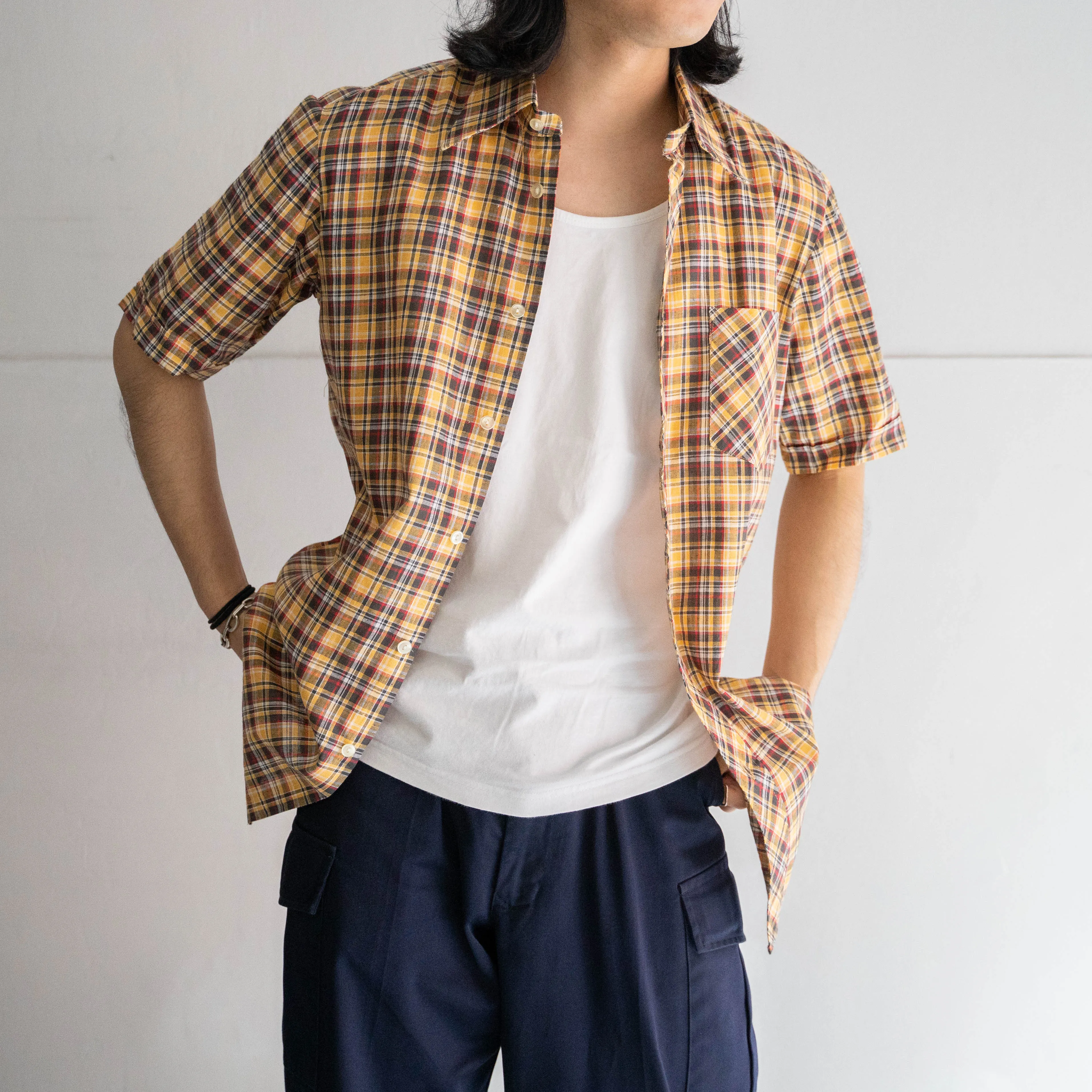 around 1960s Germany yellow × black checked short sleeve shirt 'dead stock'