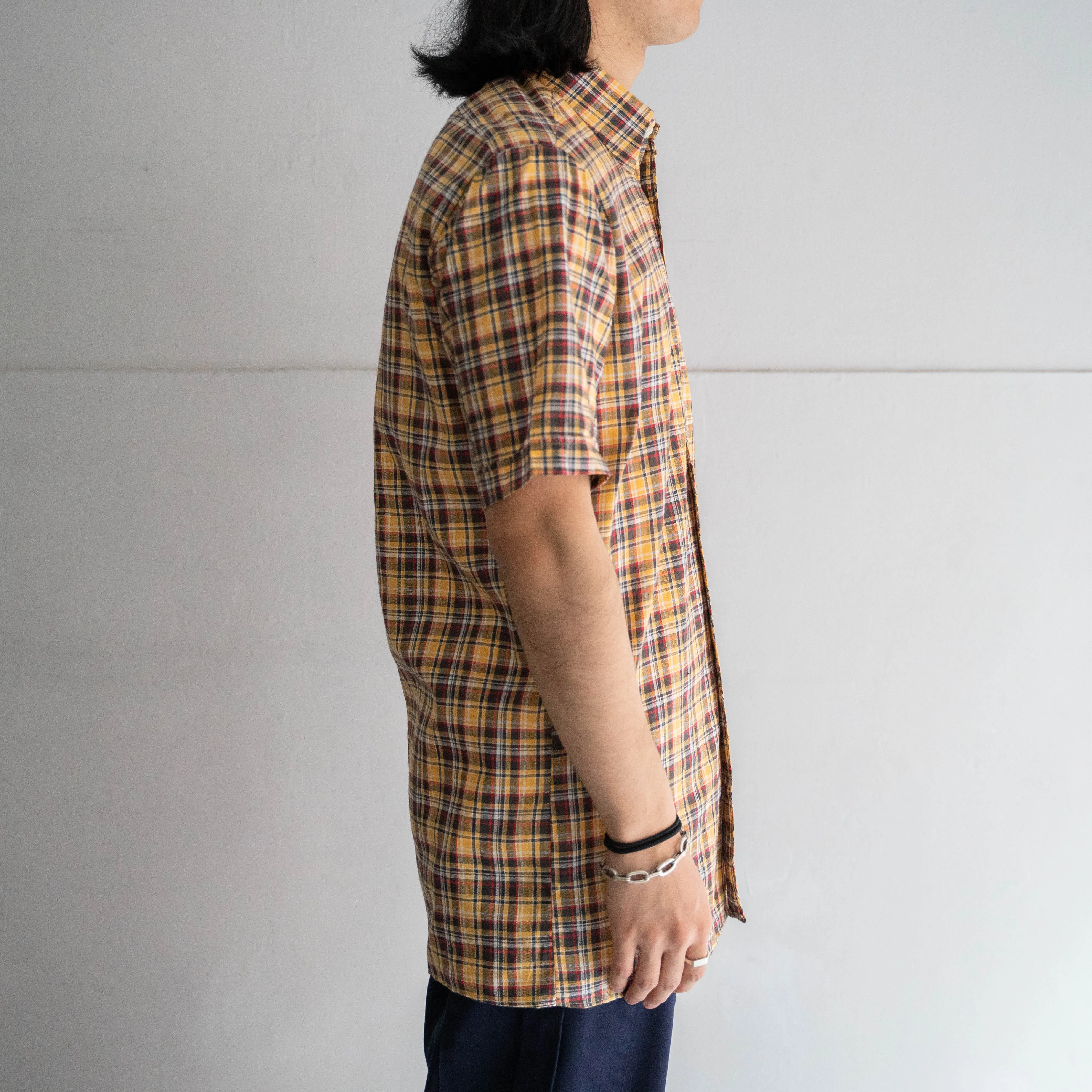 around 1960s Germany yellow × black checked short sleeve shirt 'dead stock'