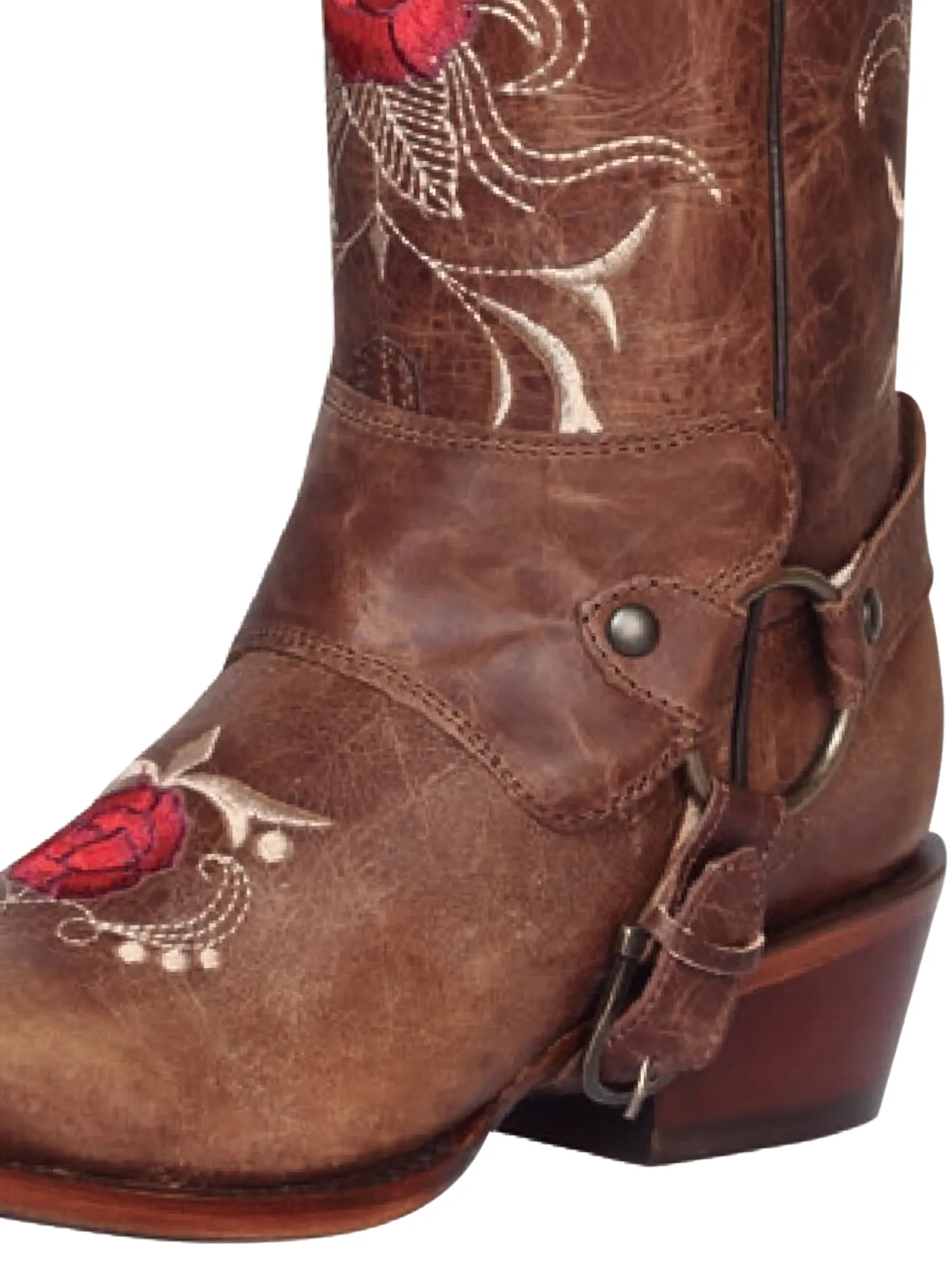 Botas Vaqueras Rodeo de Arnes con Tubo Bordado de Flores de Piel Genuina para Mujer 'El General' - ID: 41783