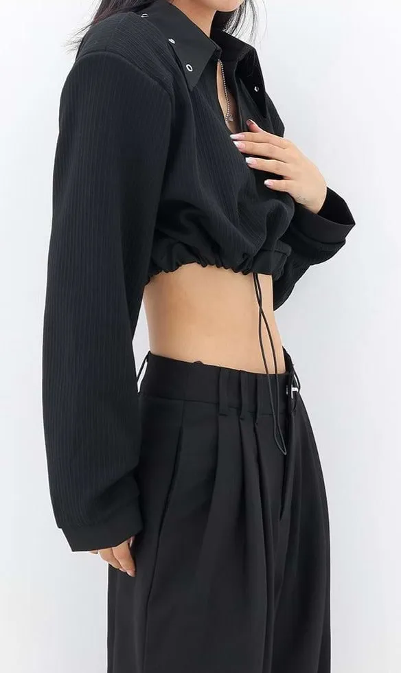 Collared Waist Tie Crop Top