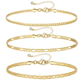 Dainty 14k Gold Plated Layering Anklets Bracelets Set- Stud & 3mm Cuban & Figaro