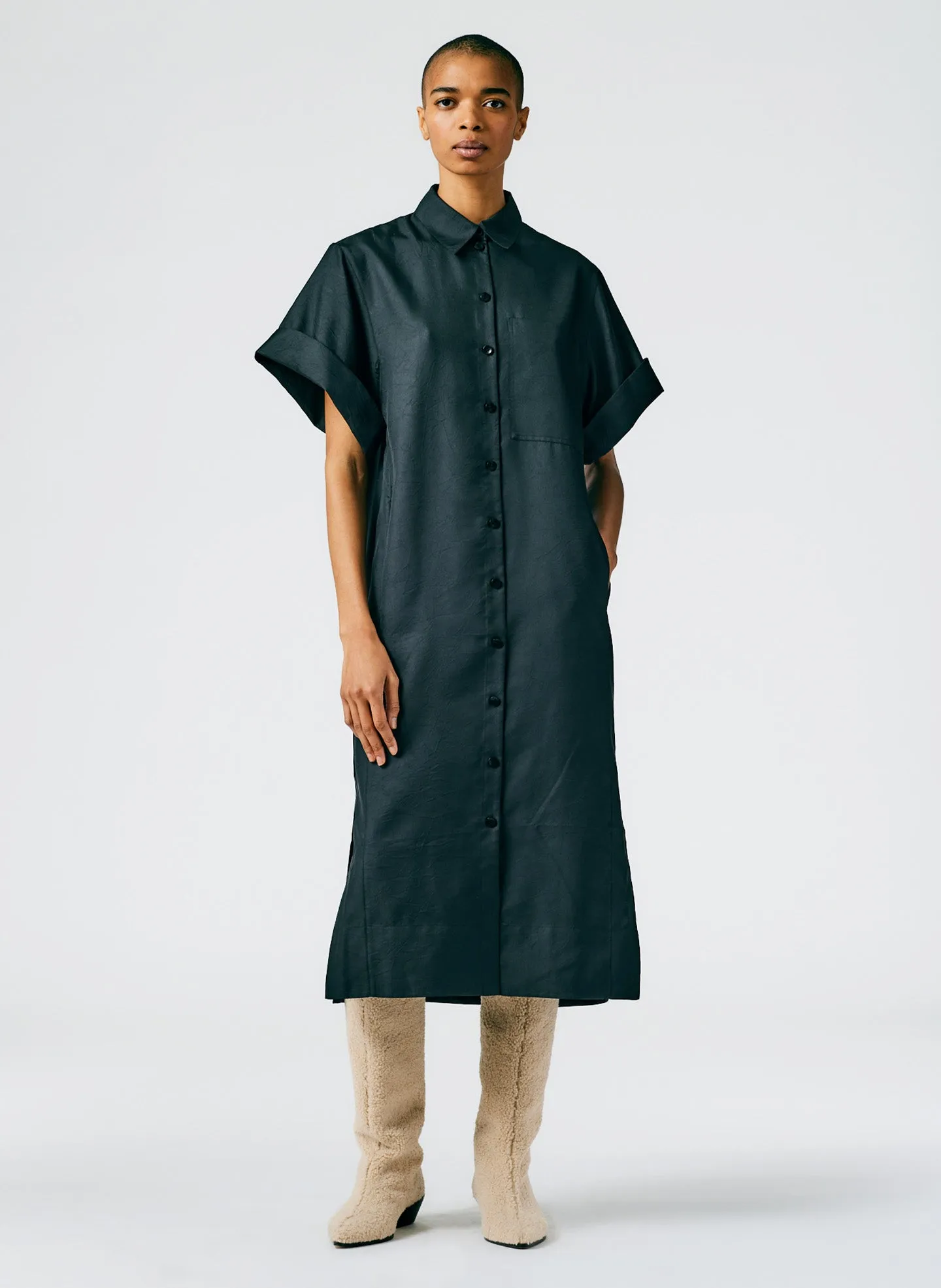 Devin Lightweight Tech Twill Rolled Sleeve Shirtdress