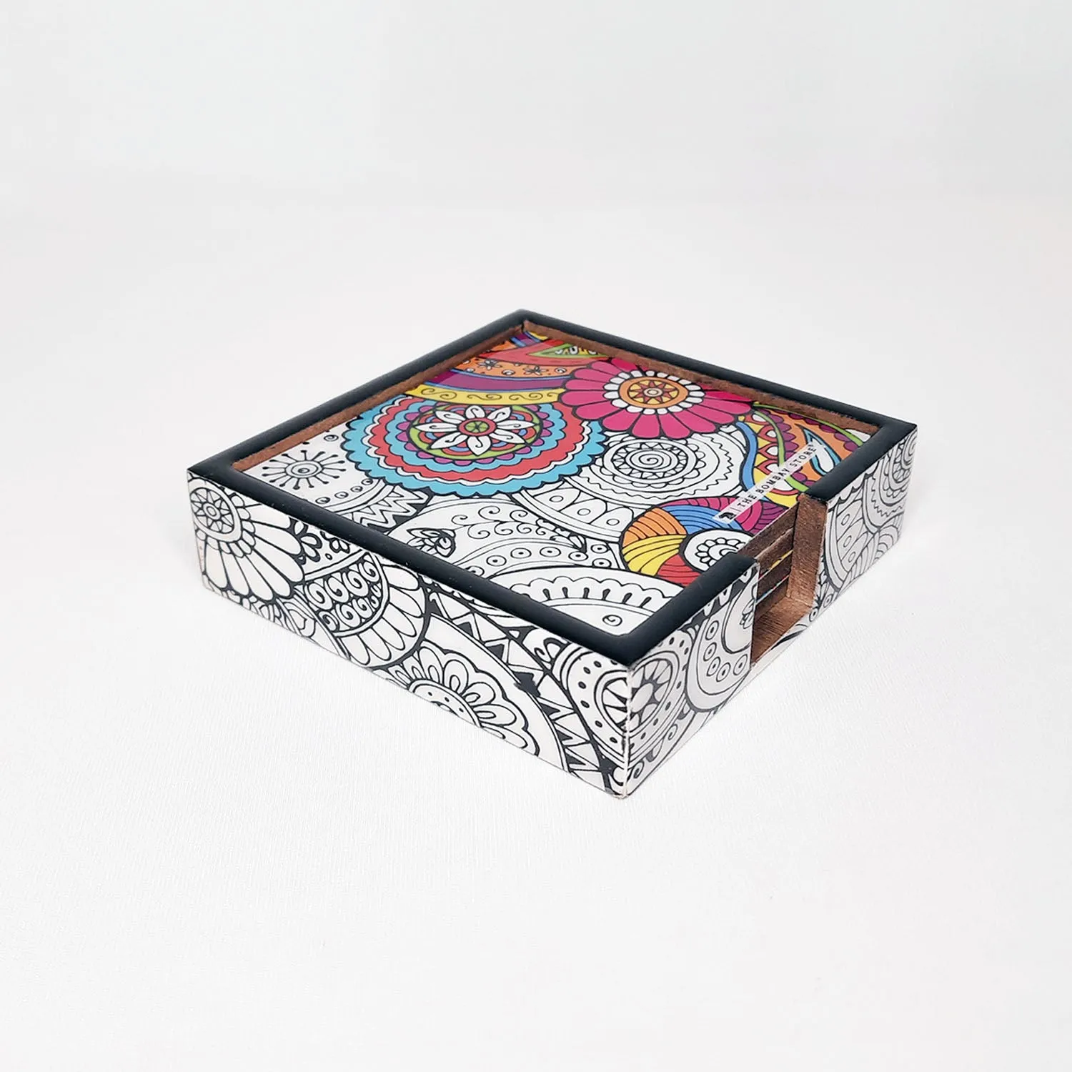 Doodle Mandala Square Coasters with Holder (Set of 4)