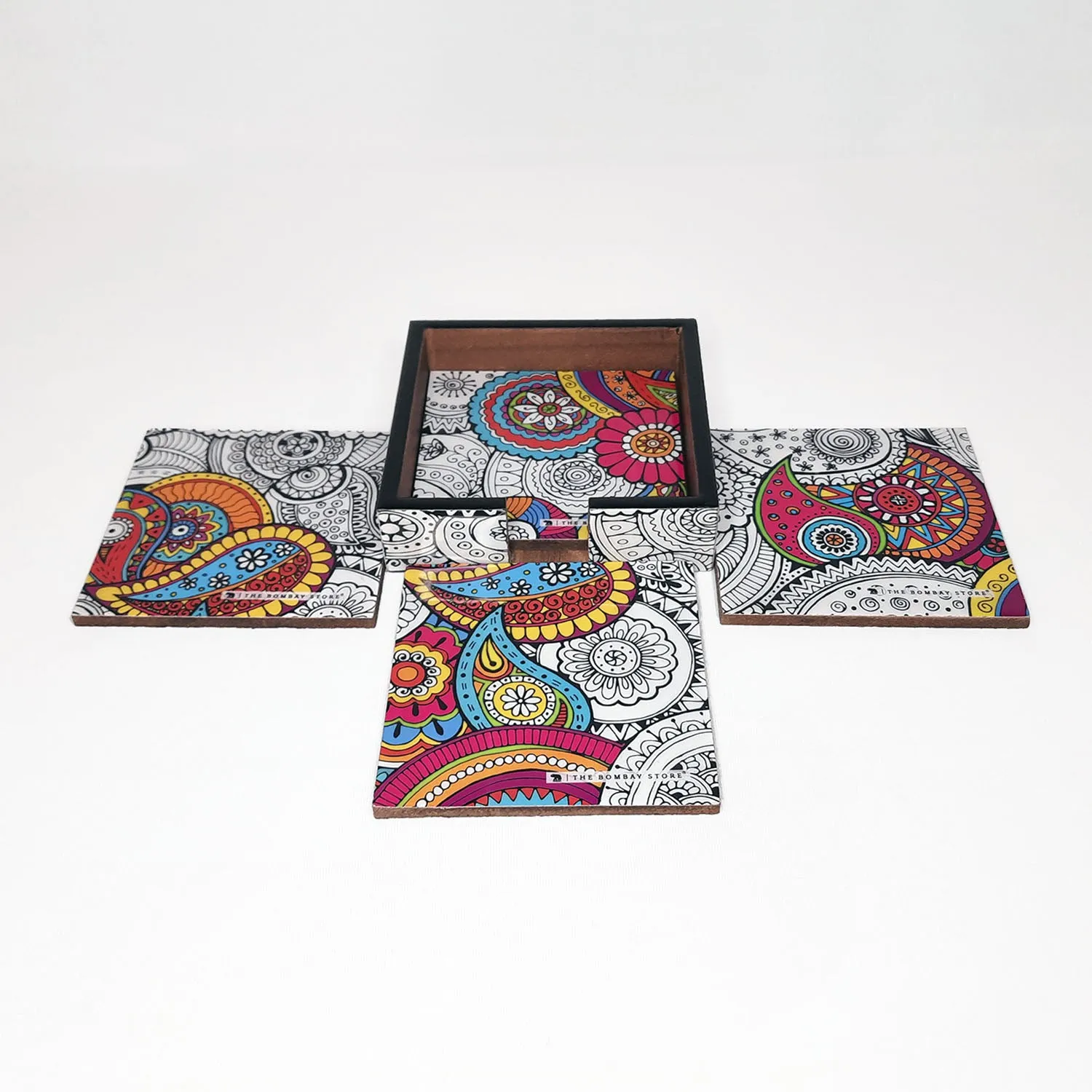 Doodle Mandala Square Coasters with Holder (Set of 4)