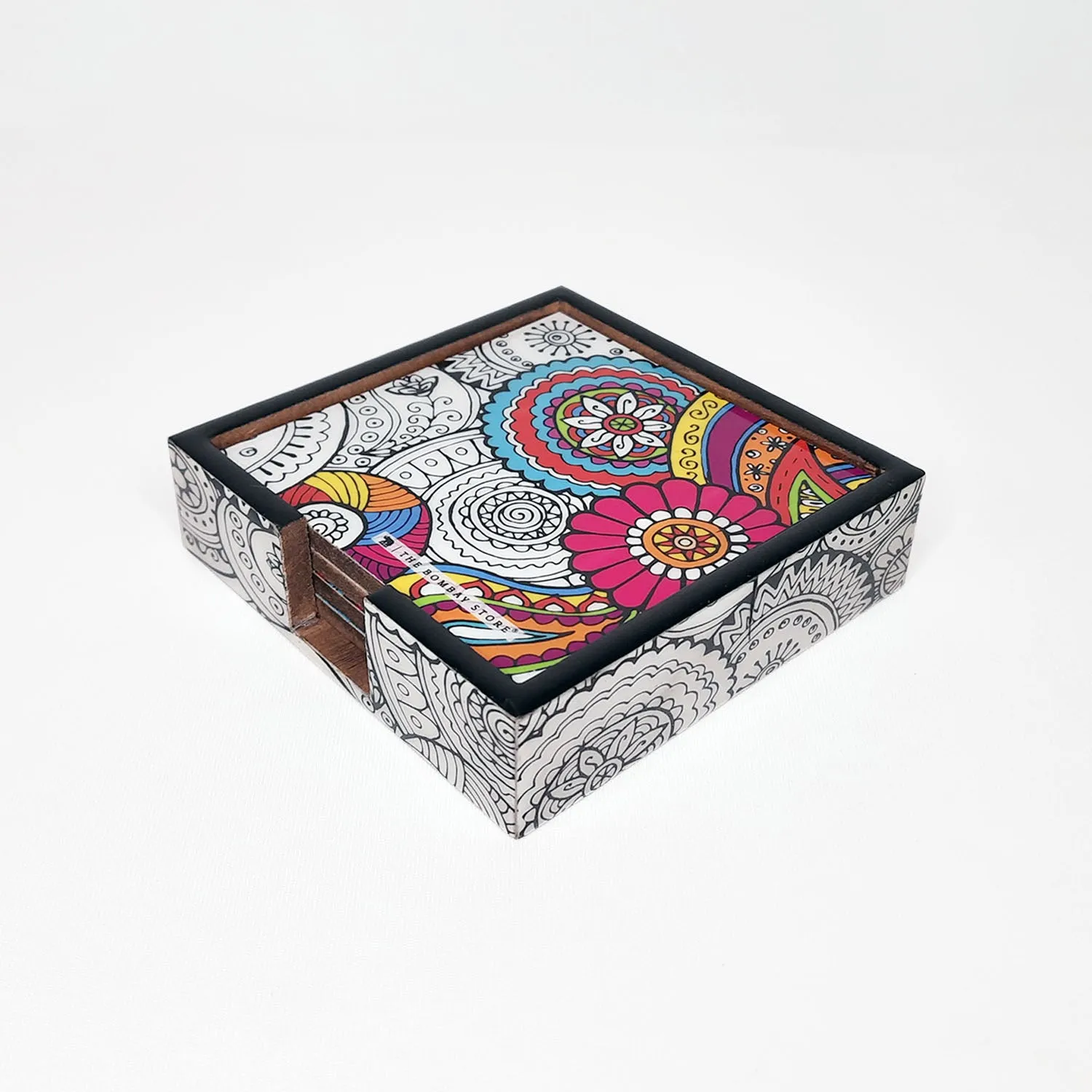 Doodle Mandala Square Coasters with Holder (Set of 4)