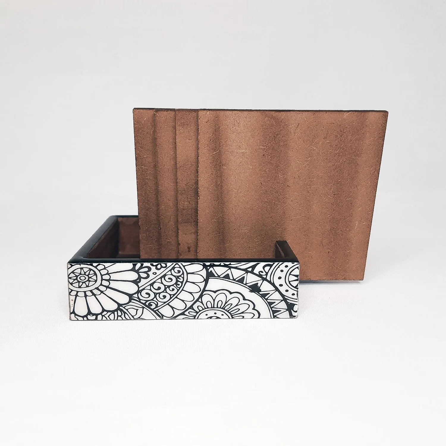 Doodle Mandala Square Coasters with Holder (Set of 4)