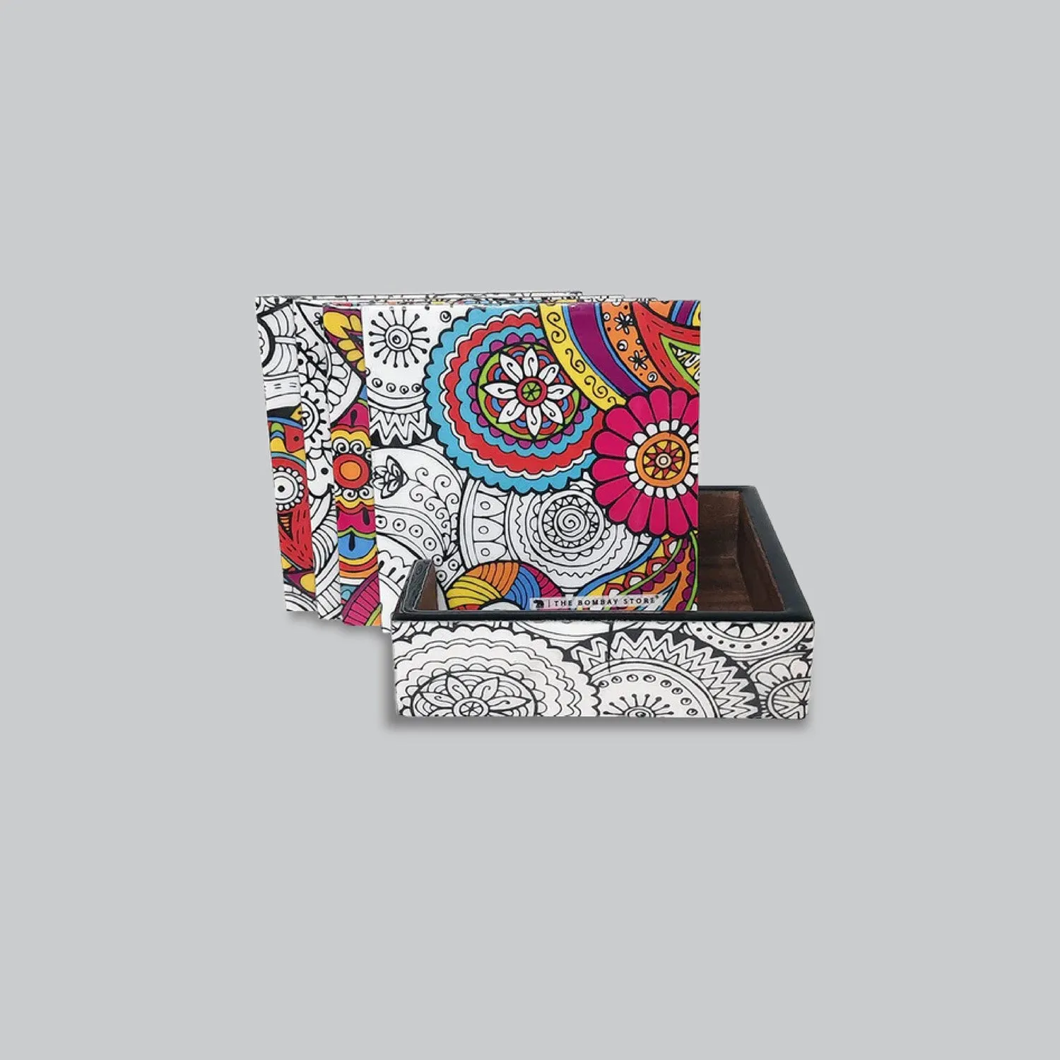 Doodle Mandala Square Coasters with Holder (Set of 4)