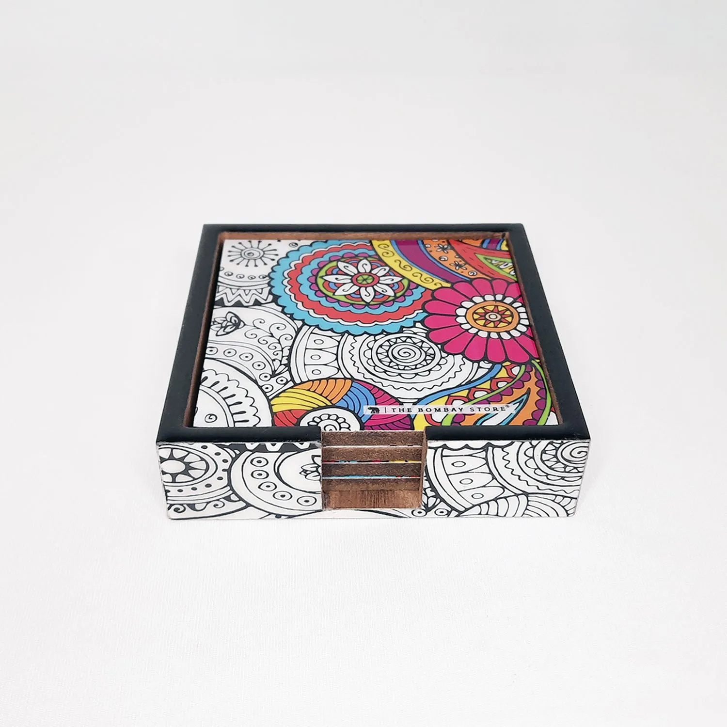 Doodle Mandala Square Coasters with Holder (Set of 4)