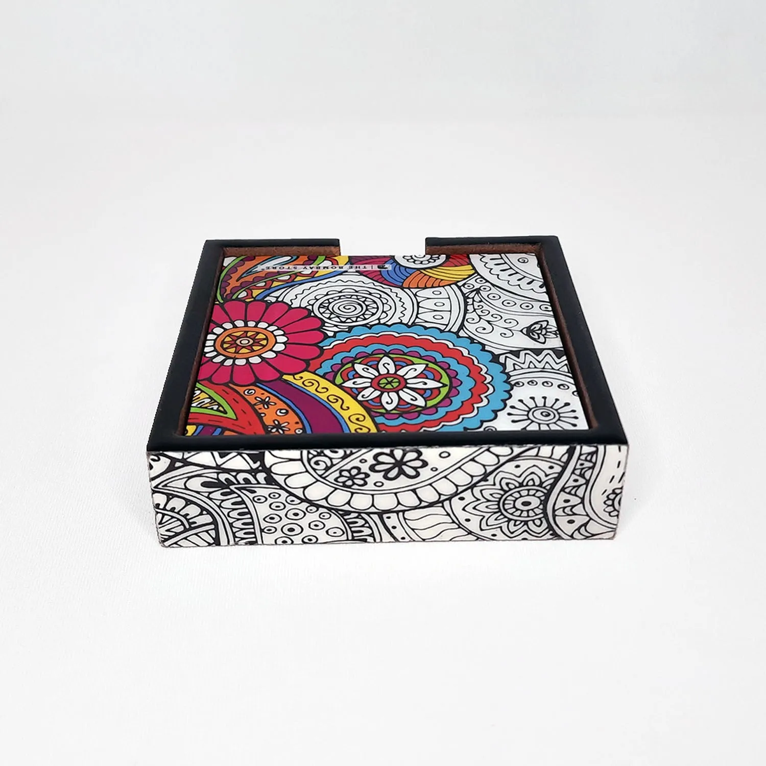 Doodle Mandala Square Coasters with Holder (Set of 4)