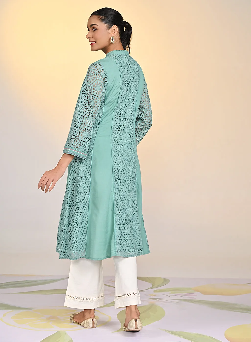 Fariha Carnation Green Embroidered Raschel
Net Dress for Women