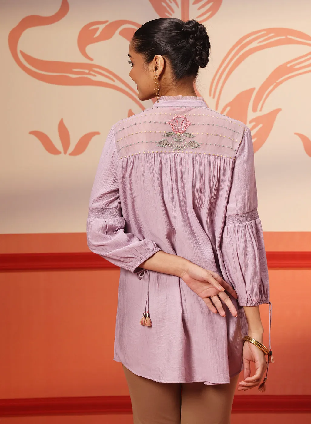 Faya Lavender Crinkled Crepe Embroidered Top for Women