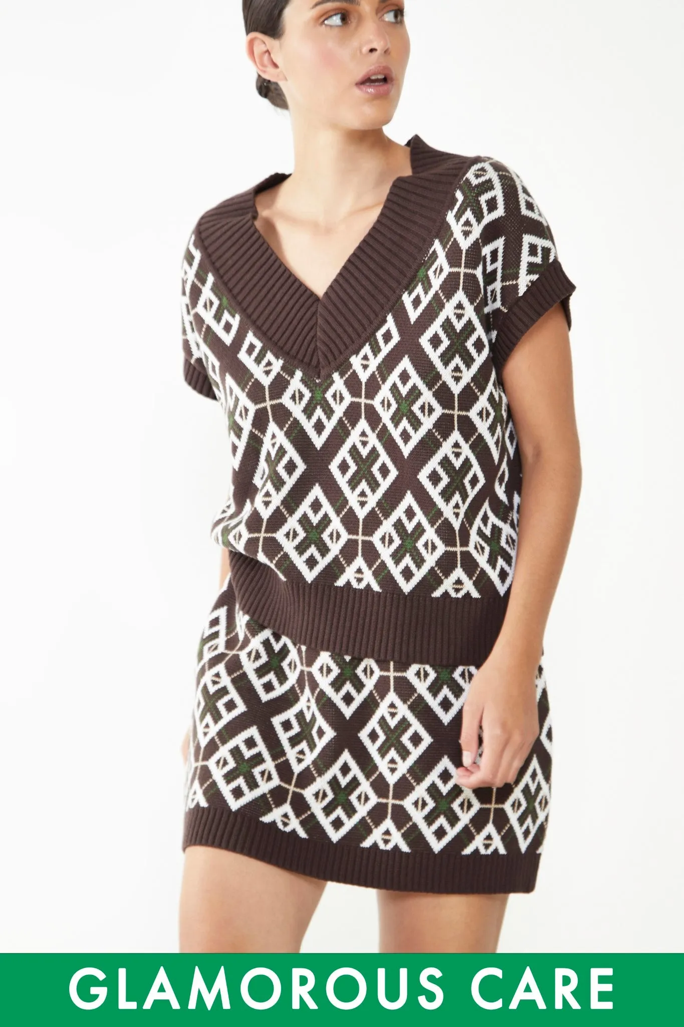 Glamorous Care Brown Geometric Print V-Neck Top