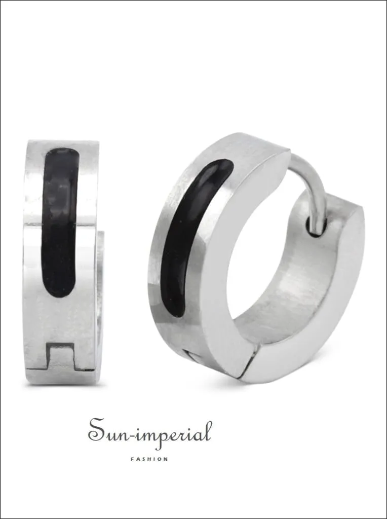 Huggie Hoop Earrings Stainless Steel With Black Design