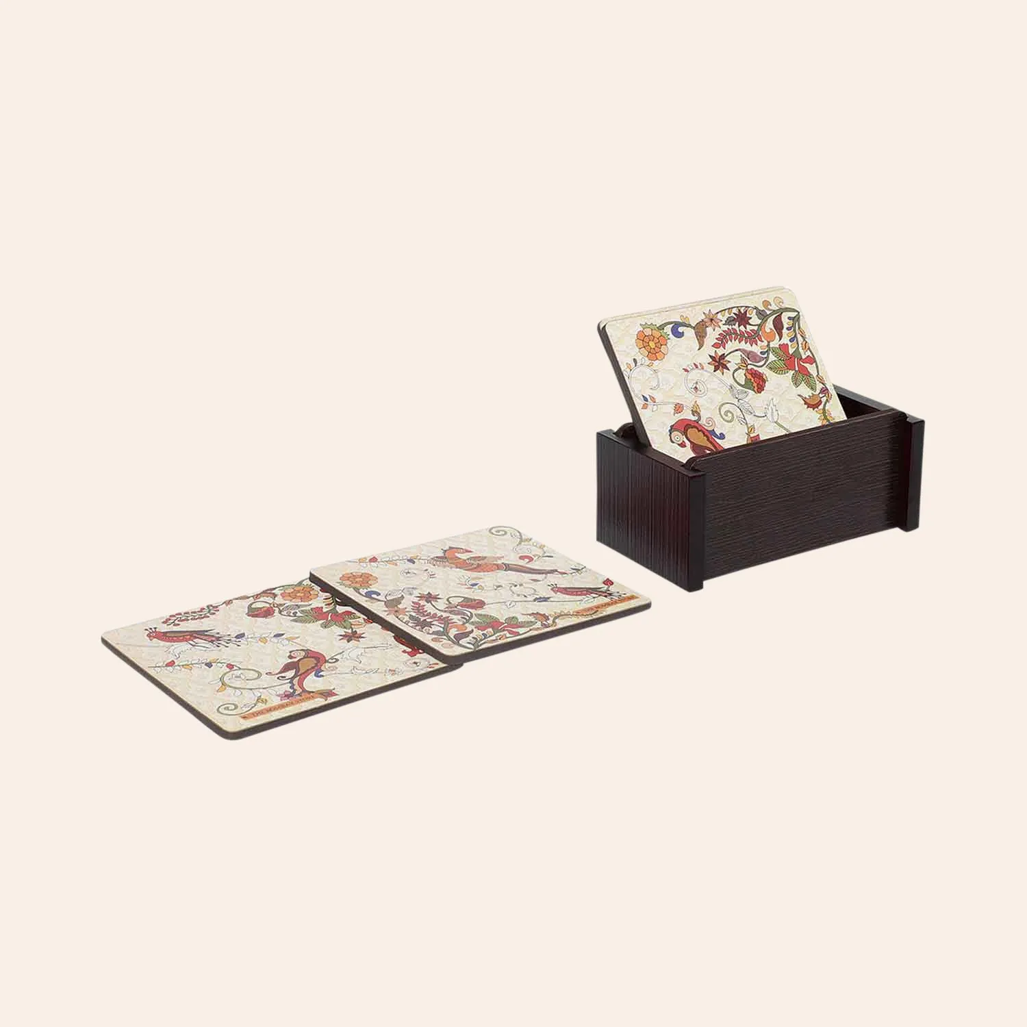 Kalamkari Square Coasters with Holder (Set of 4)