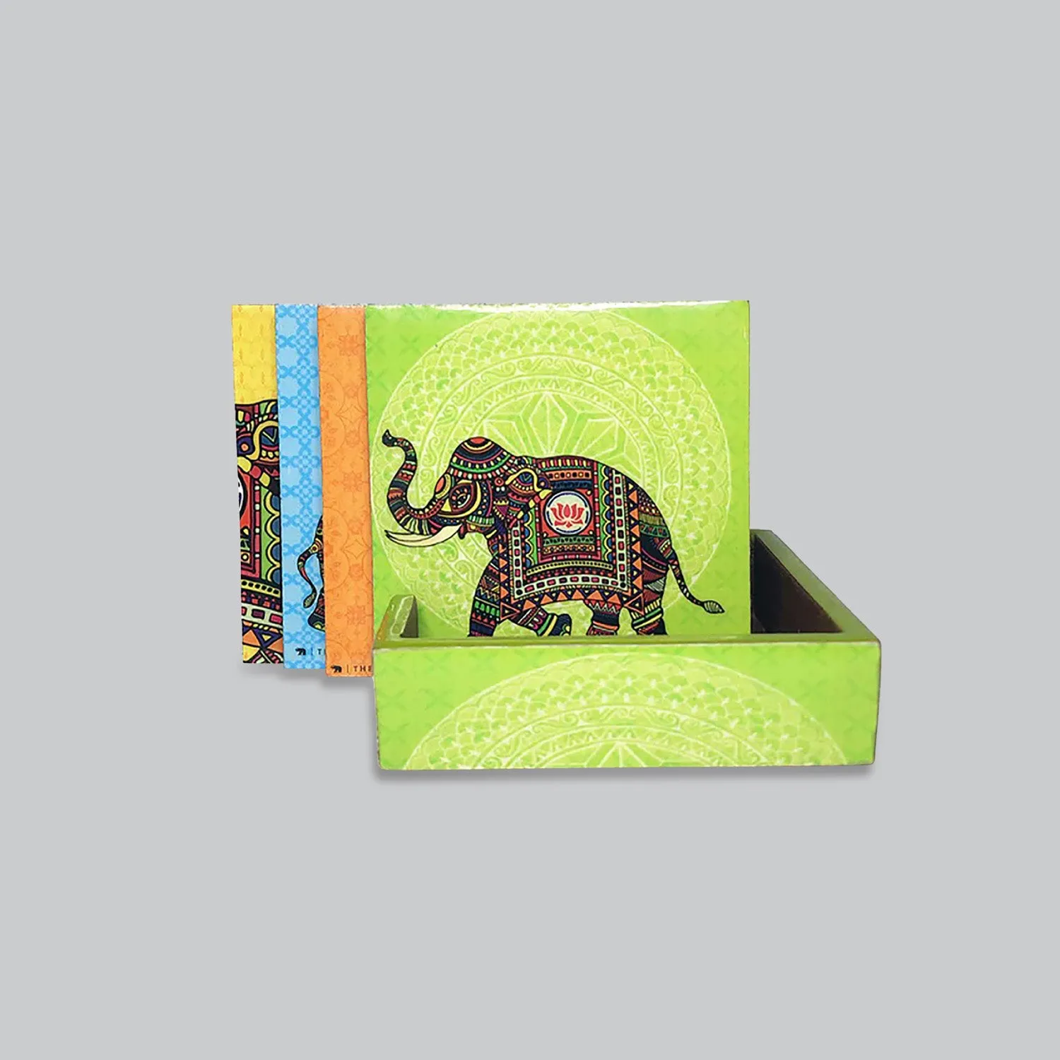 Signature Elephant Square Coasters with Holder (Set of 4)