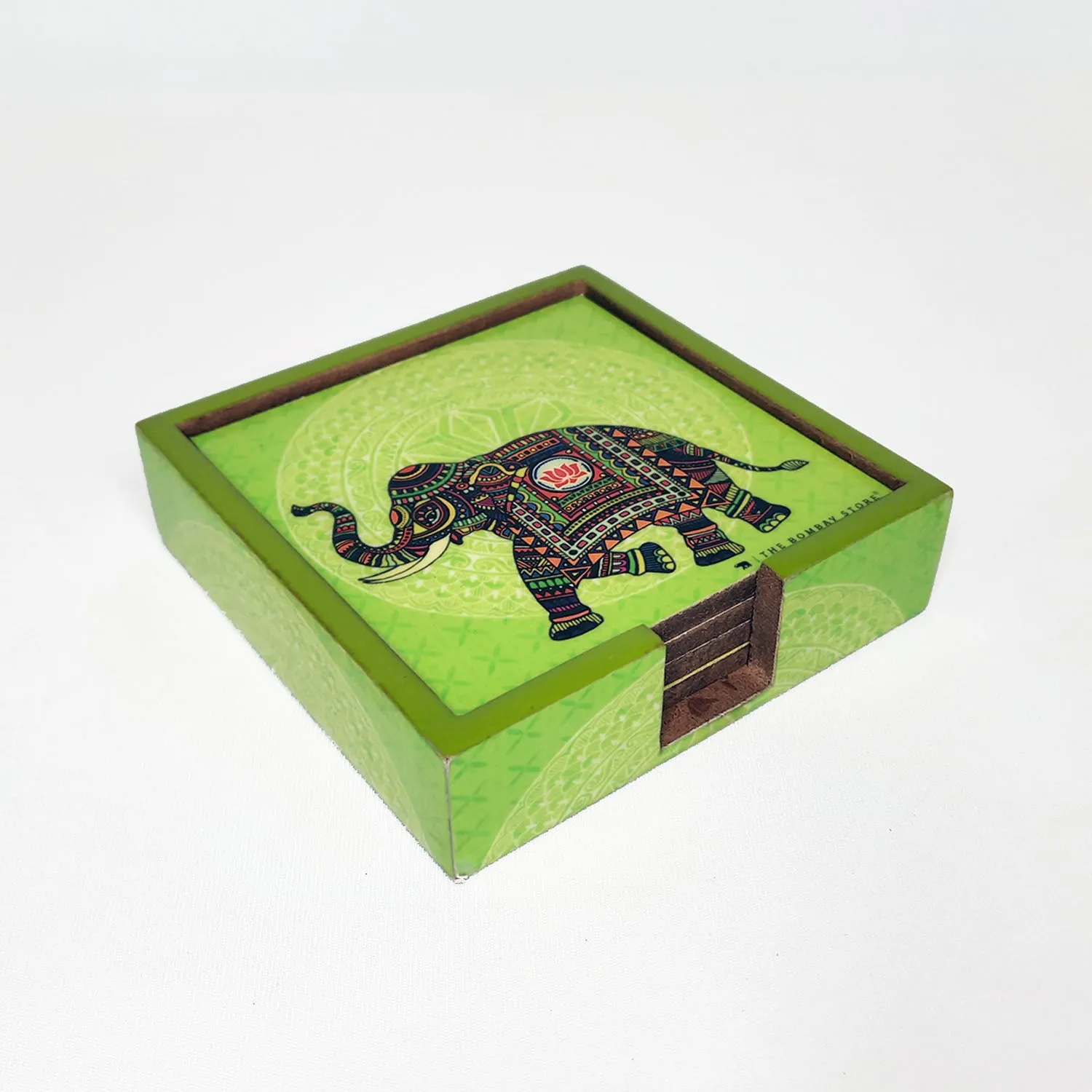 Signature Elephant Square Coasters with Holder (Set of 4)