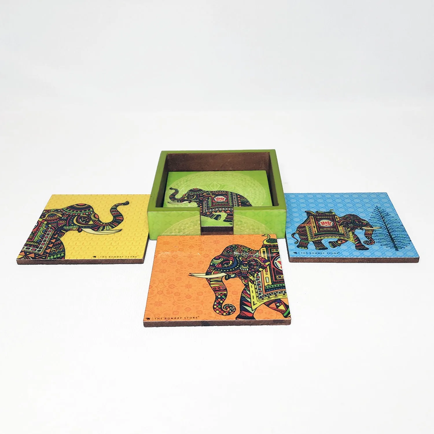 Signature Elephant Square Coasters with Holder (Set of 4)