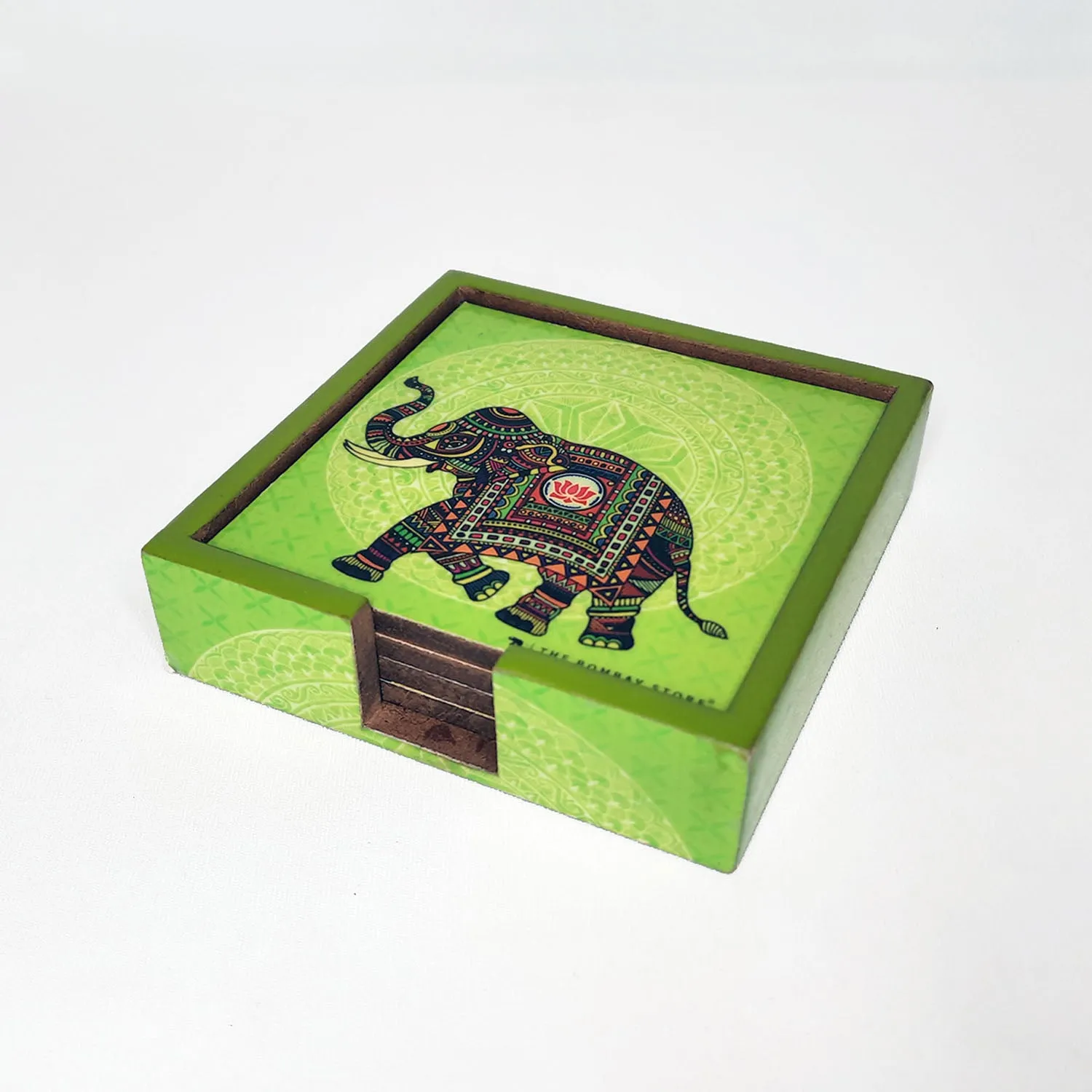 Signature Elephant Square Coasters with Holder (Set of 4)