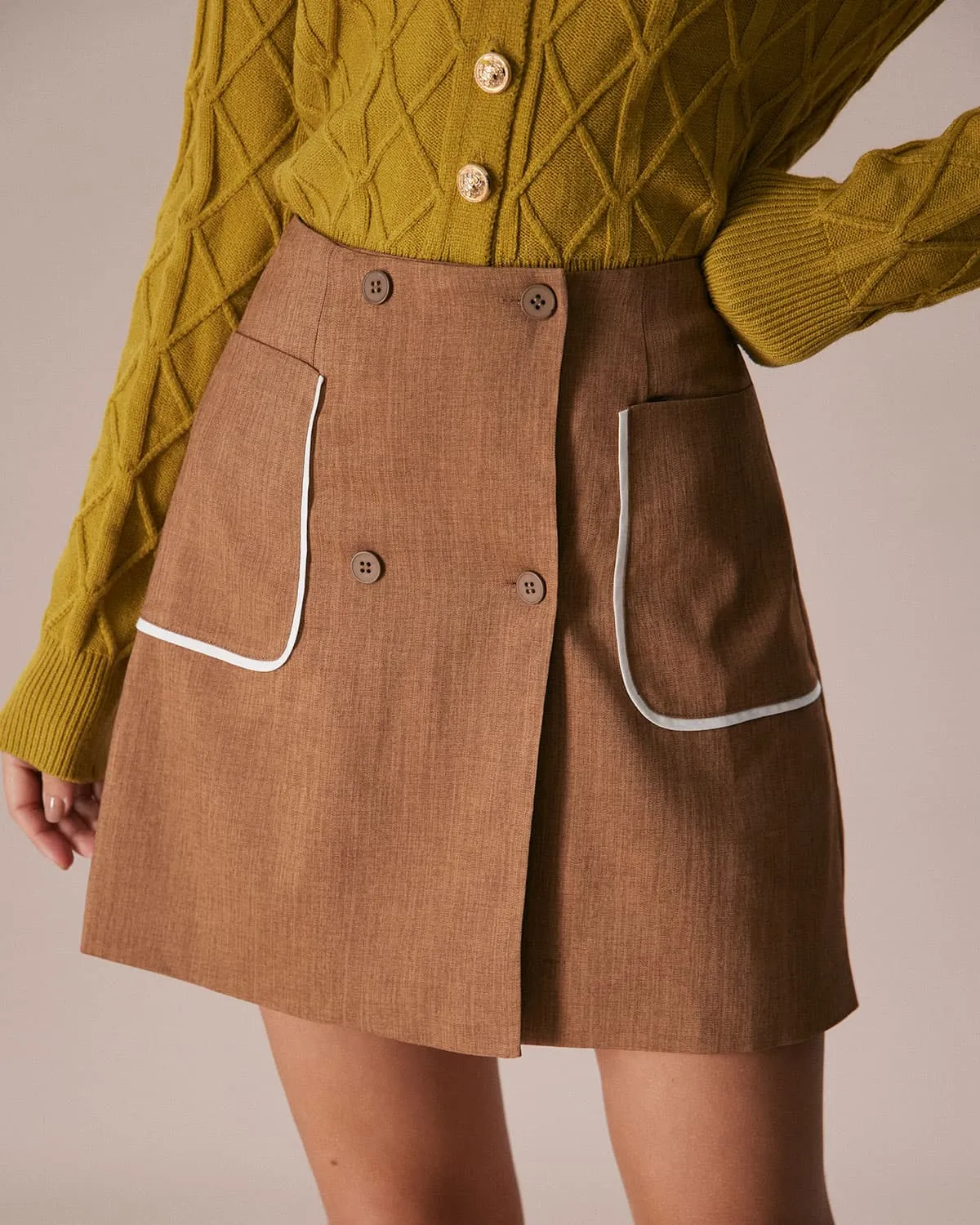 The Khaki Contrast Trim Button Mini Skirt